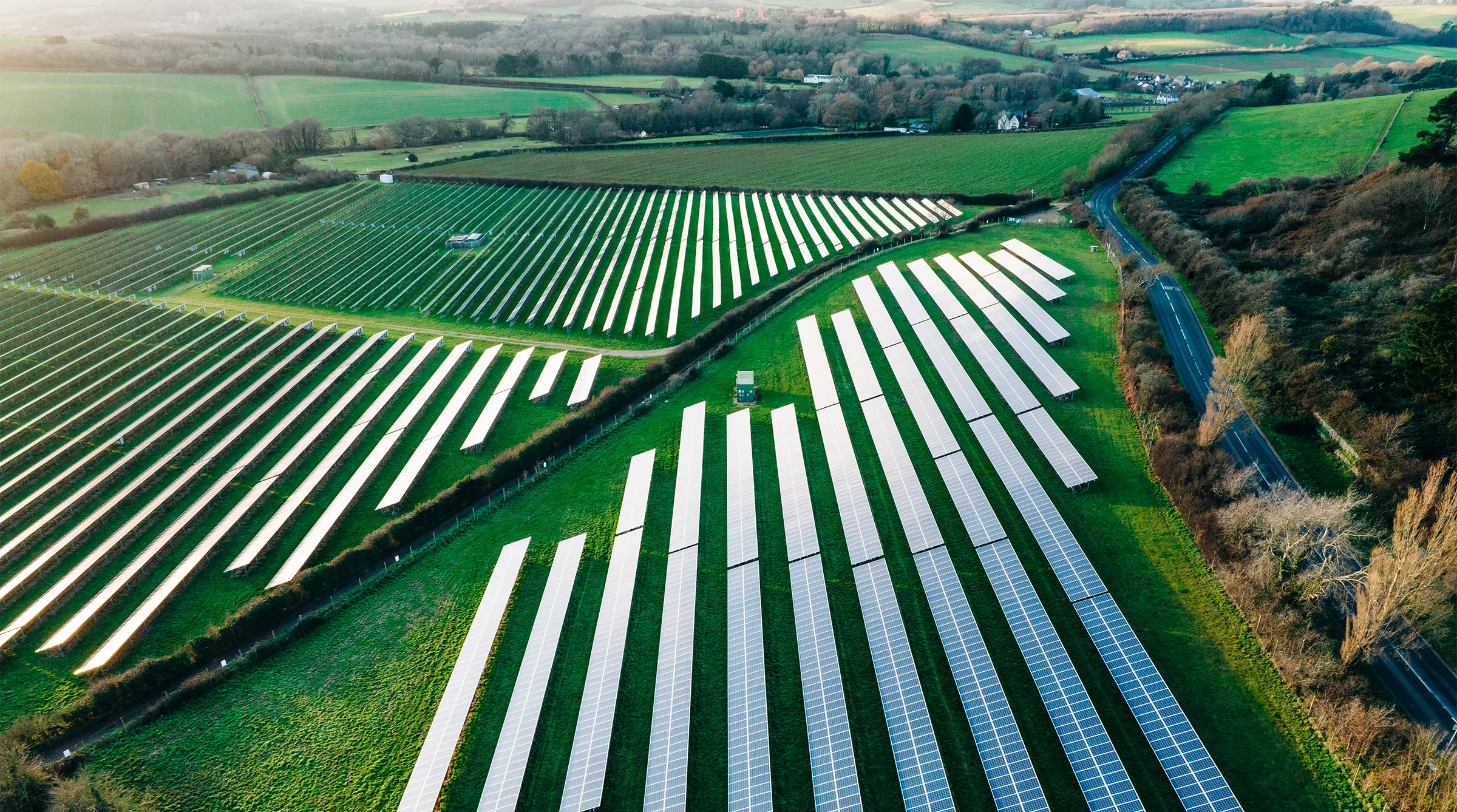 Solar panel farm, aerial view, in England